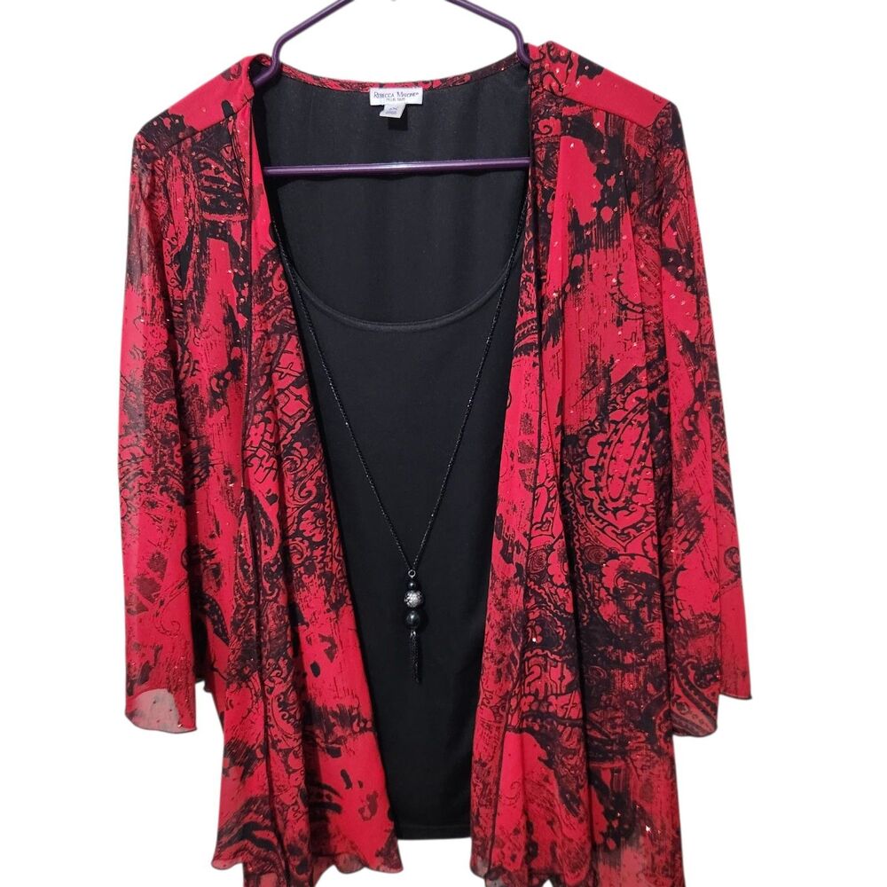 Rebecca Malone Blouse Size 1X Black Red Color Poncho Attached